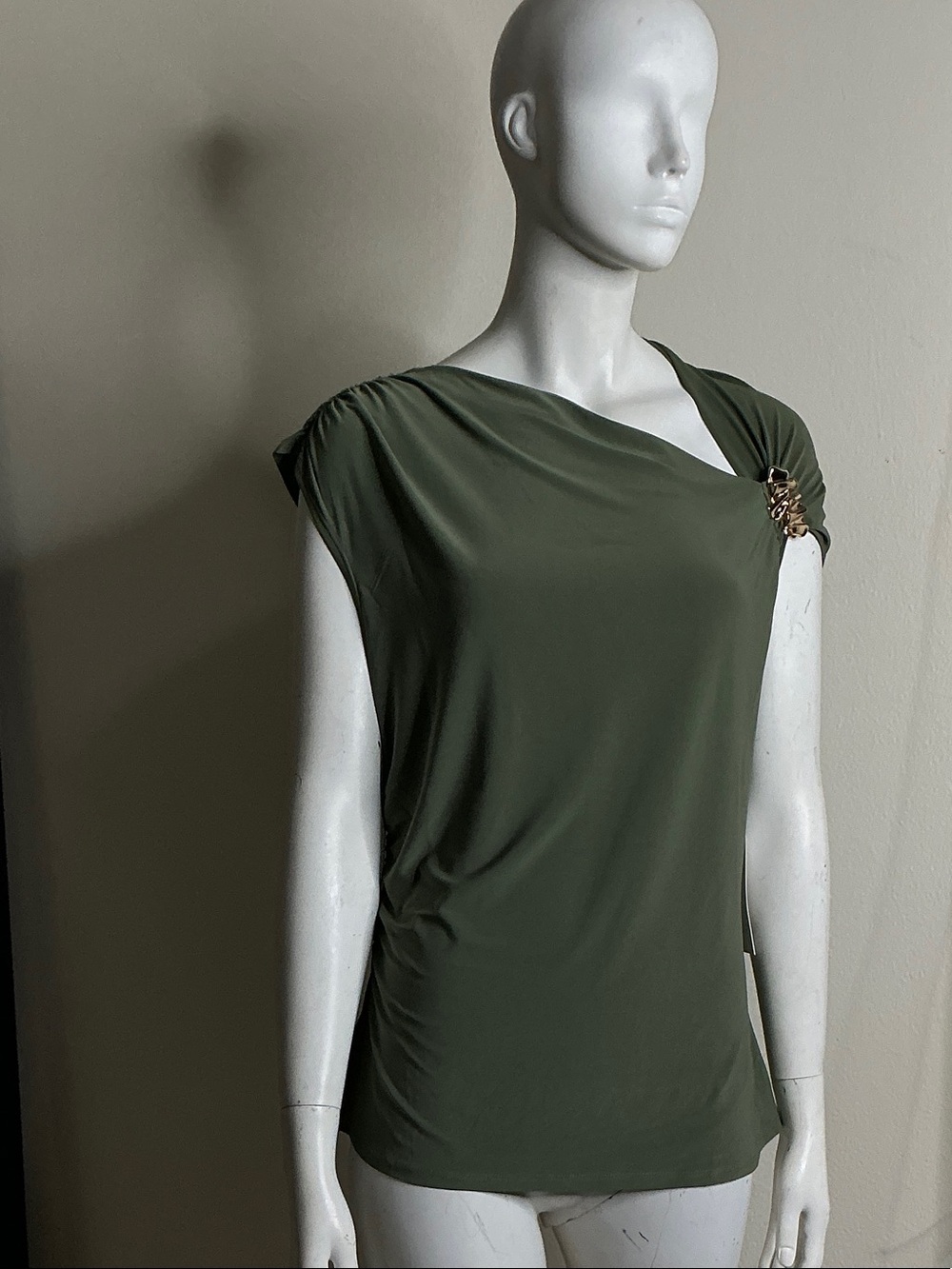 Asymmetric Olive Green Draped Cap-Sleeve Tunic with Shoulder Accent